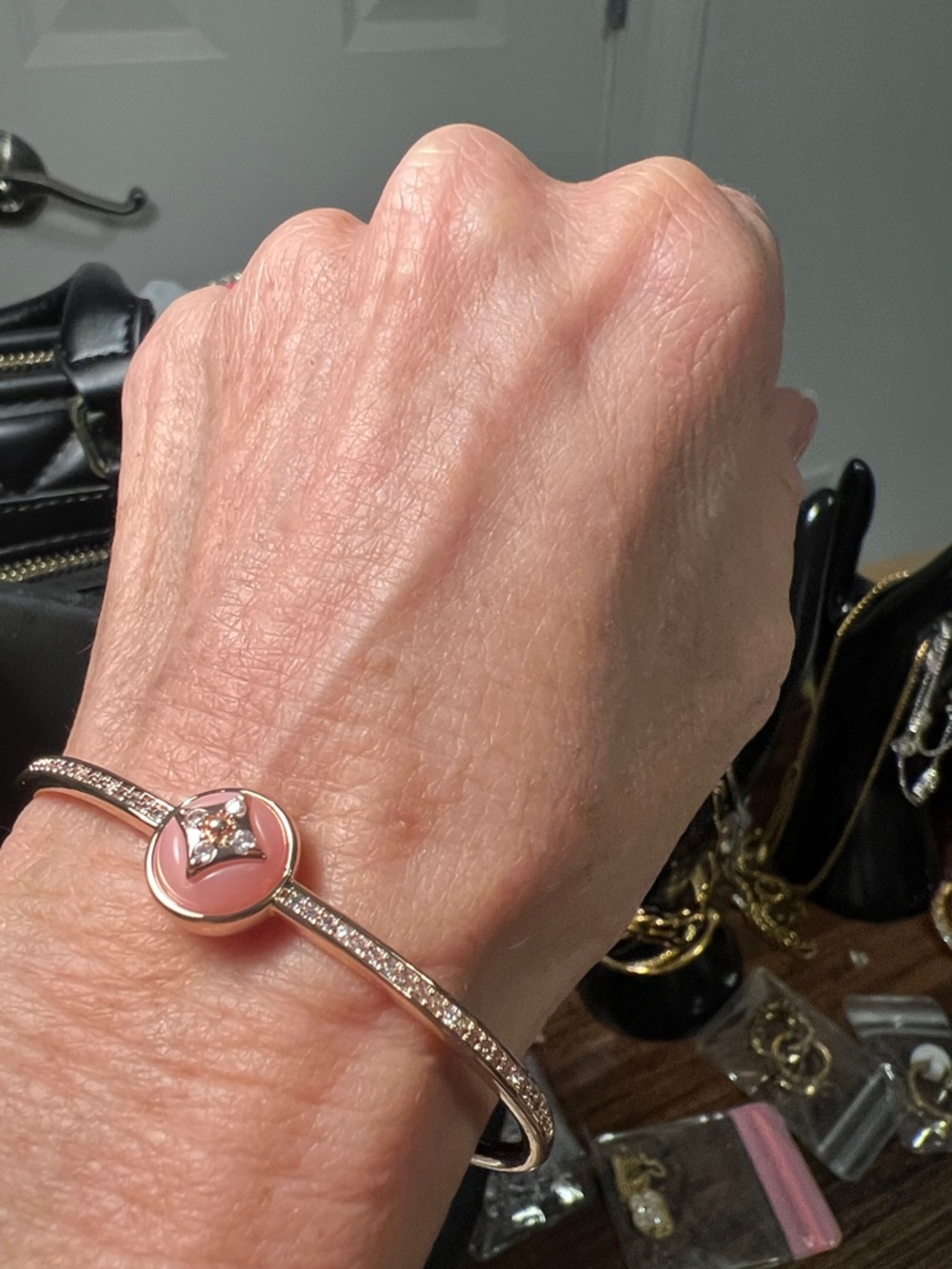 Rose Gold Pink Enamel Center Bangle Bracelet - Women Jewelry